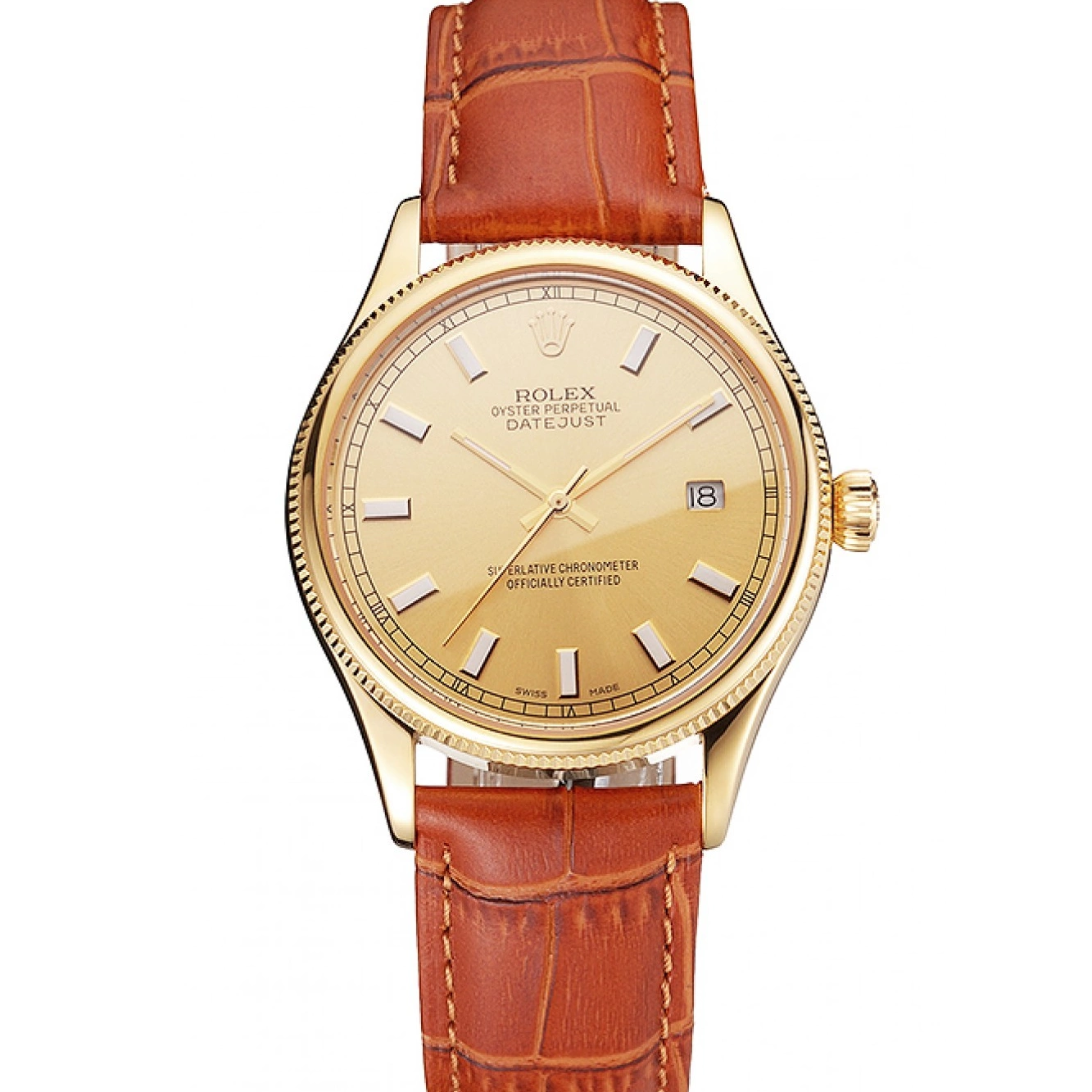 Dial Light Leather Brown Swiss Strap Rolex Gold Gold Datejust Case 0806